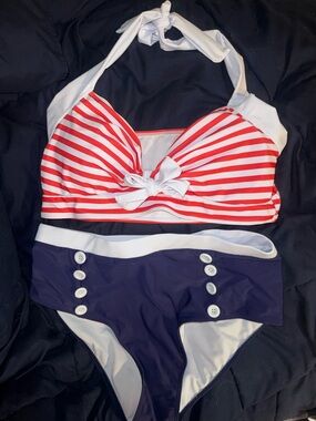 Red & Navy Striped Two-Piece Swim Set NWOT